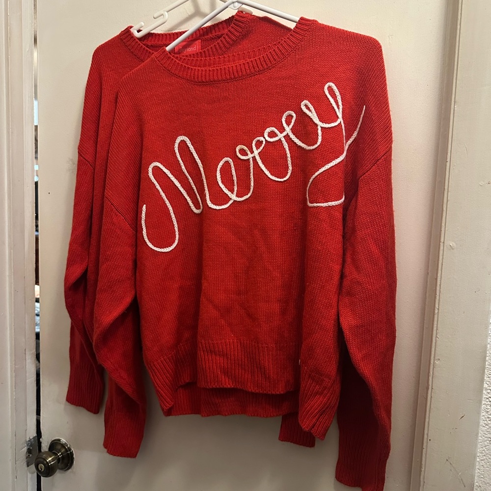 Festive Red Crew Neck Sweater 100%acrylic with Script Design “Merry”
2 for $50